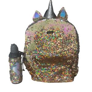 Justice Girl’s Gold Flip Sequin Unicorn Full Size Backpack Water Bottle
